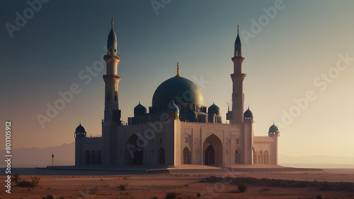Large and majestic mosque is located in the middle of the desert and silhouettes warm landscape feel
