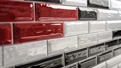 Ceramic tile at bathroom. White, black and red color