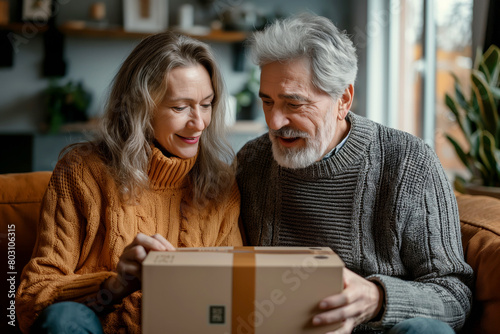 Senior couple opening a parcel together, showcasing happiness and togetherness in later life.