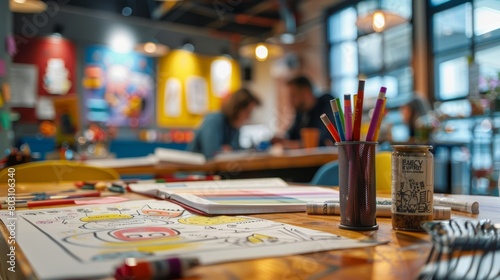 A messy table in a colorful room with art supplies and two people in the background