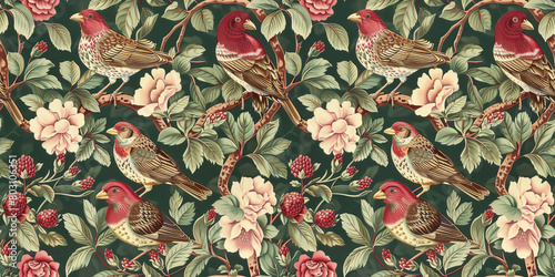 Spring Birds on Tree, Perfect for Cards, vintage Birds  Patterns, vintage botanical background,  vintage wallpaper, botanical background © peacefy