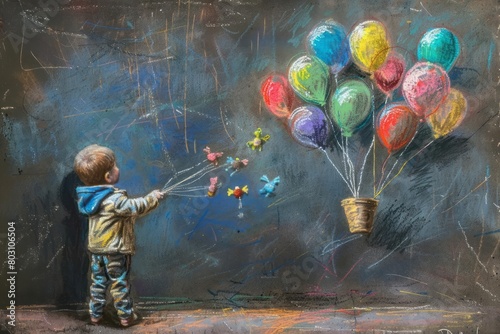 A nostalgic childhood scene with toys and balloons, drawn in tender pastel chalks photo