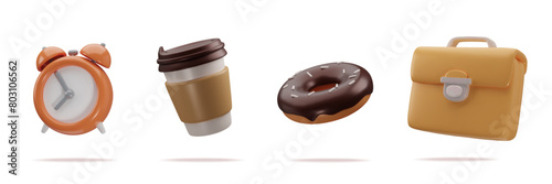 Set of 3d icons alarm, morning coffee with sweet tasty donut and briefcase. Concept for morning takeaway coffee on the way to work. Have a break sign. Vector illustration