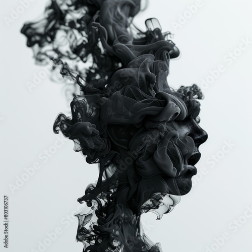 Black smoke in the shape of an abstract woman, white background