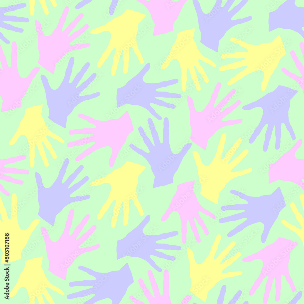 Seamless pattern with palm prints. Symbol of racial and national equality, friendship, happy childhood, world peace, unity of peoples and globalization. Seamless pattern with palm prints. Symbol of racial and national equality, friendship, happy childhood, world peace, unity of peoples and globalization.