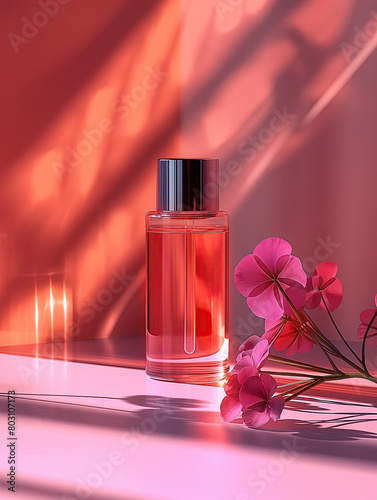 Bottle of perfume with pink flowers on a pink background.