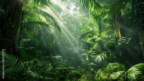 A lush rainforest teeming with life. Sunlight filters through the dense canopy  casting dappled light on the forest floor  Generative AI