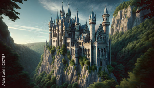 Medieval Cliffside Castle: Dramatic Gothic Towers Overlooking the Forest