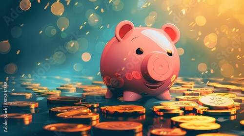 A pink piggy bank sits on a pile of gold coins under a rain of pennies.