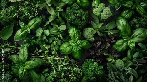 Top view of a vibrant assortment of fresh culinary herbs and aromatic plants on a dark background. photo