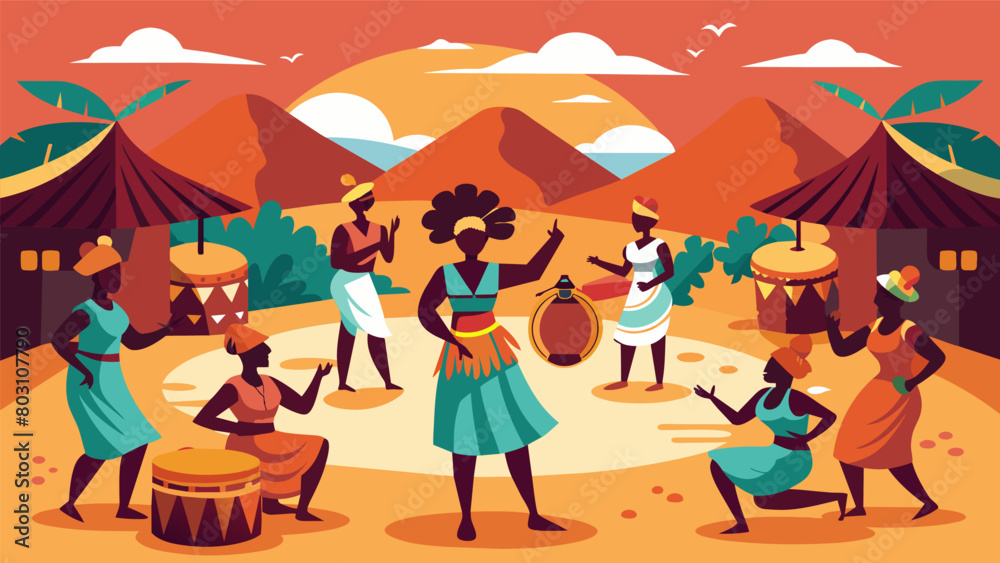 Fototapeta premium A depiction of a traditional African village with drummers and dancers performing in the center while neighboring villagers join in with their own. Vector illustration