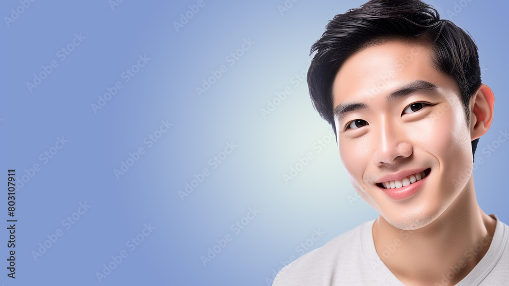 한국의 젊고 잘생긴 남성 얼굴의 클로즈업, 하늘색 그라데이션 배경 한국의 젊고 잘생긴 남성 얼굴의 클로즈업, 하늘색 그라데이션 배경