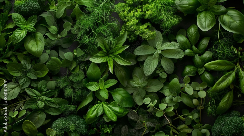 A lush arrangement of various fresh culinary herbs and green vegetables on a dark background. A lush arrangement of various fresh culinary herbs and green vegetables on a dark background.