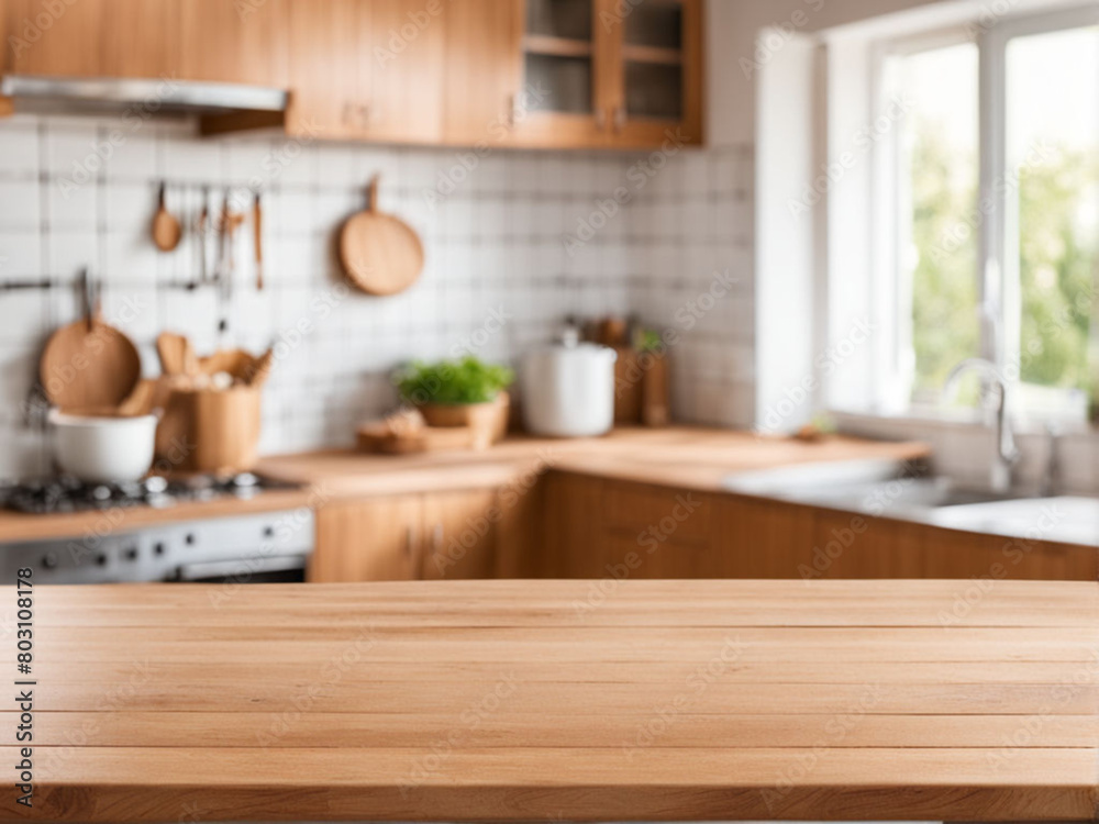 Wooden table on blurred kitchen bench background Empty wooden table and blurred kitchen background Wooden table on blurred kitchen bench background Empty wooden table and blurred kitchen background