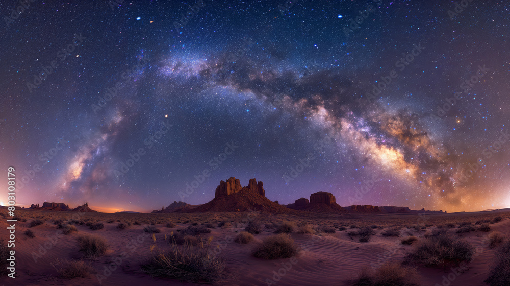 Milky Way over desert landscape at night. Ideal for astronomy, adventure, and landscape photography themes.