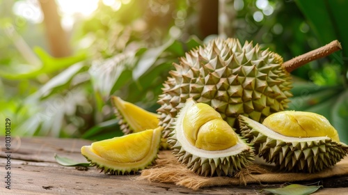 a fresh durian fruit, artistically displayed on a rustic wooden surface.