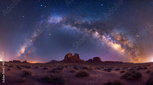 Milky Way over desert landscape at night. Ideal for astronomy, adventure, and landscape photography themes.