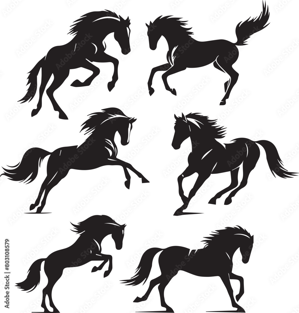 Horse silhouette animal set  on white background. Black horses graphic element vector illustration. High Resolution JPG, EPS 10 included.