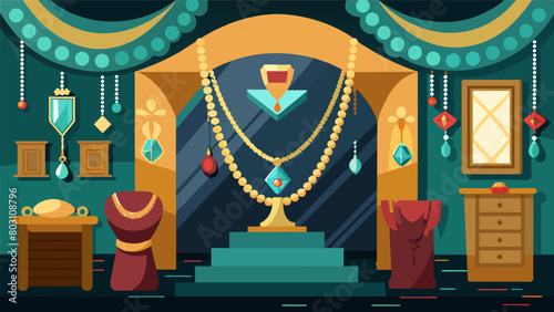 A room filled with antique jewelry from sparkling diamond rings to elaborate beaded necklaces each piece holding its own unique charm.. Vector illustration