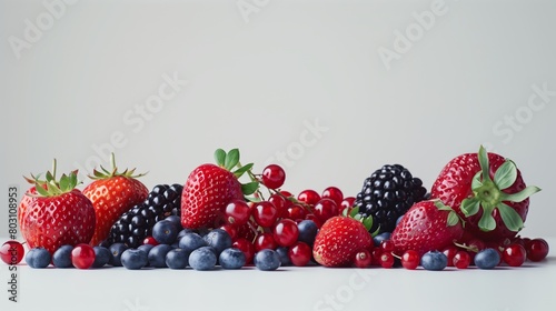 A vibrant array of fresh strawberries  blackberries  blueberries  and red currants on a light background.