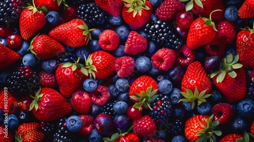 A vibrant assortment of fresh berries including strawberries  blueberries  and raspberries.