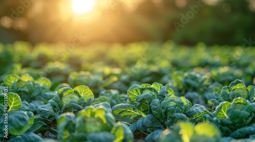 A sunrise scene at an organic Brussels sprouts farm, the stalks laden with sprouts highlighted by the early light, perfect for emphasizing robust growth and natural eating, with space for text photo