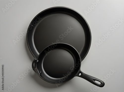 two frying pans sitting together on a white background
