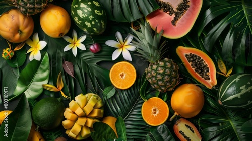 Vibrant display of assorted tropical fruits and flowers on a backdrop of lush green leaves.