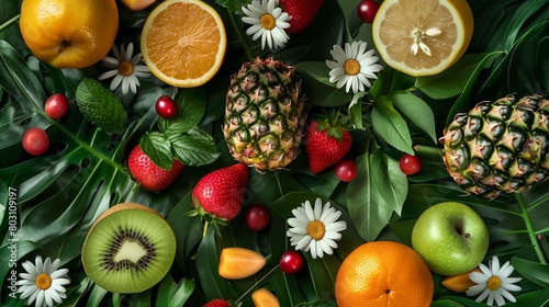 A vibrant display of fresh fruits and flowers on a background of tropical leaves.