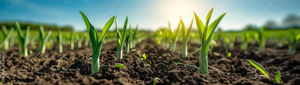 Lush organic leeks growing in neat rows, the green tops vibrant against the dark soil, under clear skies, perfect for themes of growth and natural food with space for text Lush organic leeks growing in neat rows, the green tops vibrant against the dark soil, under clear skies, perfect for themes of growth and natural food with space for text