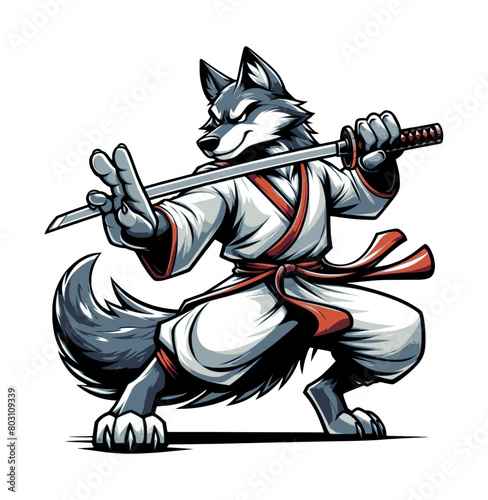cartoon character of wolf holds a sword as a shaolin athlete - colour on transparent background (artwork 2)