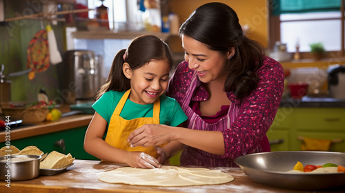 A Hispanic mother teaching her child how to make traditional tortillas in a colorful kitchen.