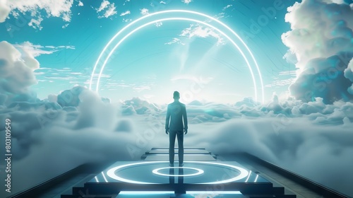 A business man stands on the platform, with futuristic neon lights in front of him and behind them is an endless circular space. 