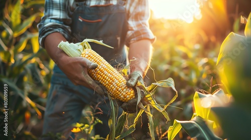 Action shot of a gardener harvesting corn, dynamic movement, blurred garden background emphasizing the subject photo