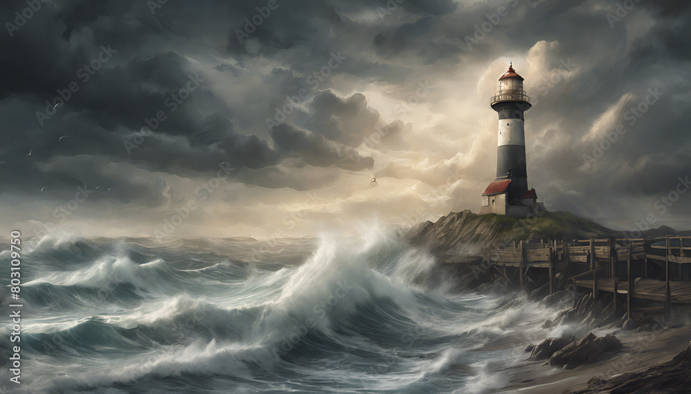 lighthouse against the backdrop of storm and waves