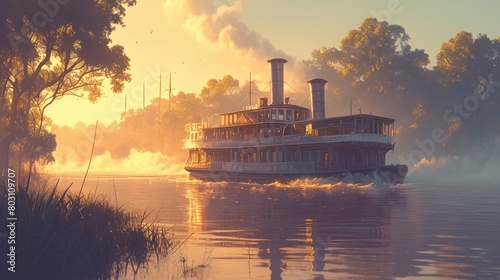 An old-fashioned paddle steamer cruising along a misty river in a nostalgic vintage style.,