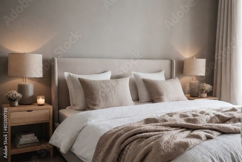 Relaxing bedroom in the morning with copy space. Bedroom with a warm bed, pillows, cozy lamp, morning light.