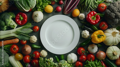 A variety of colorful fresh vegetables surround an empty white plate in a top-down view, suggesting a healthy meal.