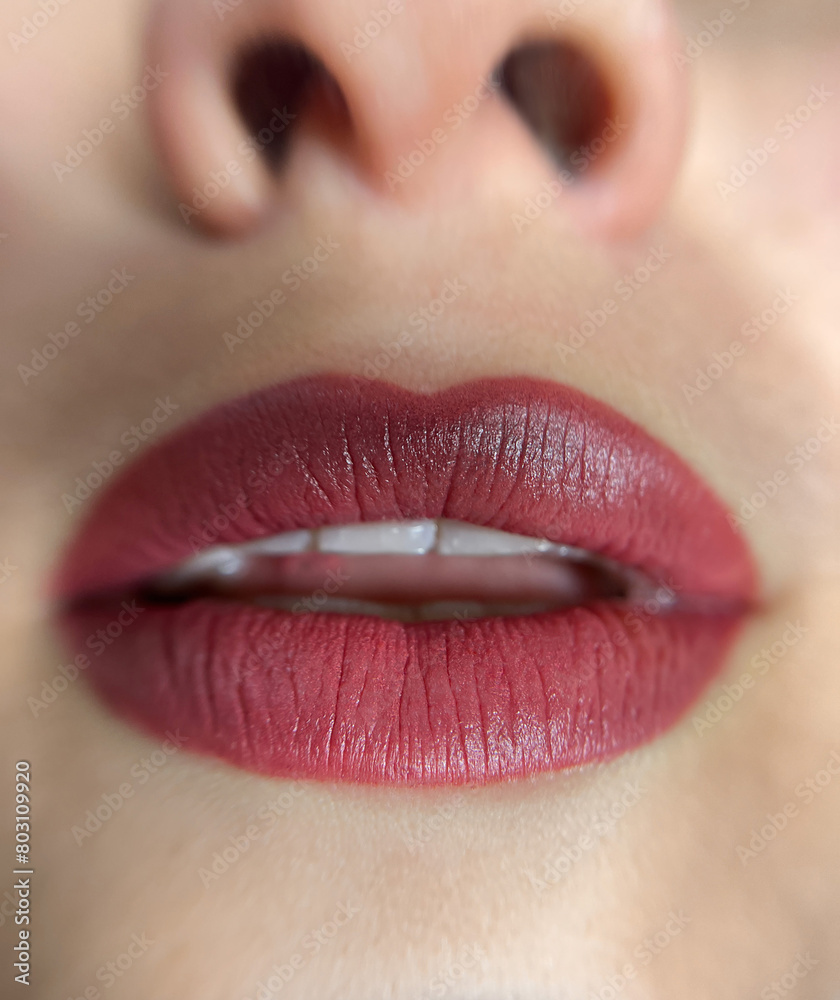Fototapeta premium permanent makeup on the lips of a young woman of a delicate peach shade close-up, a girl after a cosmetic procedure with smooth and clean healthy skin.
