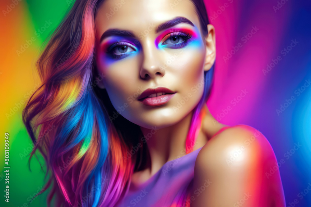 portrait of a woman with colorful makeup and background, commercial fashion cosmetic