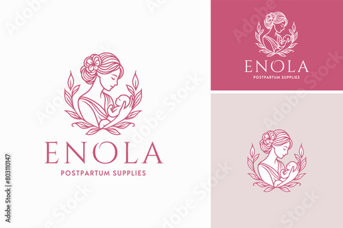 Beauty Woman as a Mother figure with a baby and floral for Newborn Love Affection or Postpartum logo design