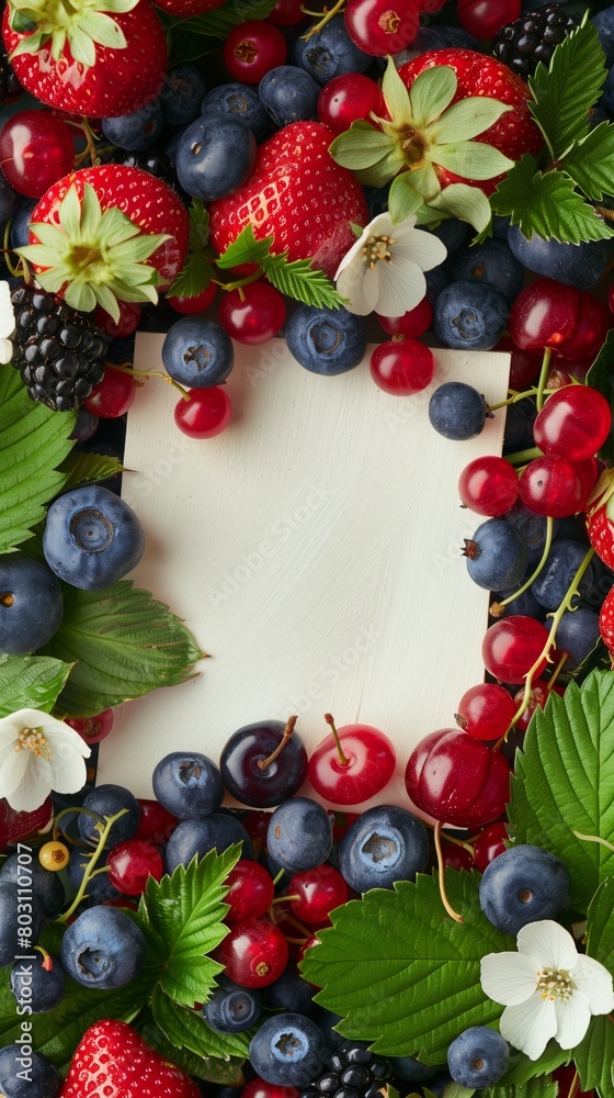 Vibrant collection of mixed berries and flowers framing an empty white center, ideal for text placement.