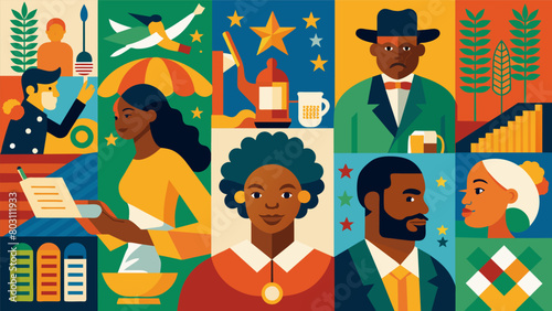 A colorful collage of images and artifacts representing the vibrant culture and traditions of Juneteenth celebrations now intertwined with the. Vector illustration