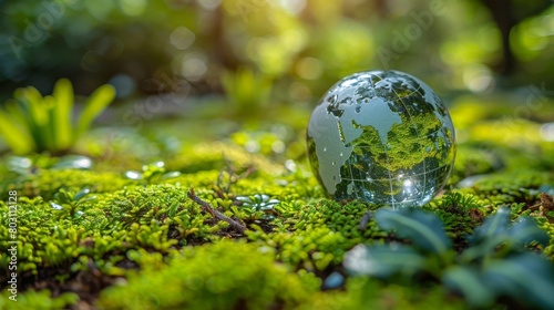 Enchanted Glass Globe on Mossy Wonderland. Generative AI
