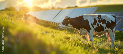 Cows grazing in front of solar panels in the grass