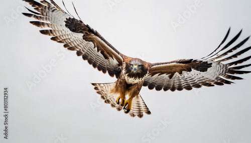 hawk flying towards the camera, isolated white background, copy space for text 
