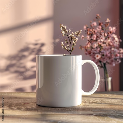 Cozy morning setup with a white mug and blooming flowers catching soft sunlight on a rustic wooden table
