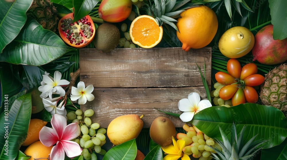 custom made wallpaper toronto digitalVibrant tropical fruits and flowers frame a rustic wooden board, surrounded by lush green leaves.
