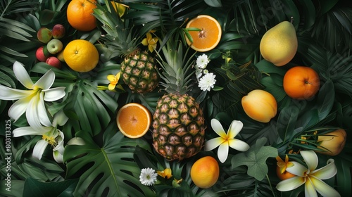 Vibrant tropical fruit arrangement with pineapple  oranges  and exotic flowers on lush green foliage.
