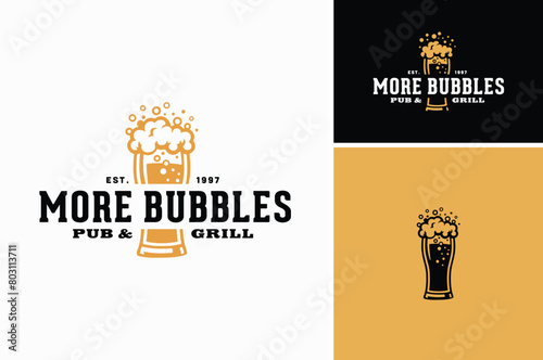 A glass of beer with bubbles foam froth for Pub Bar Beverage Tavern logo design